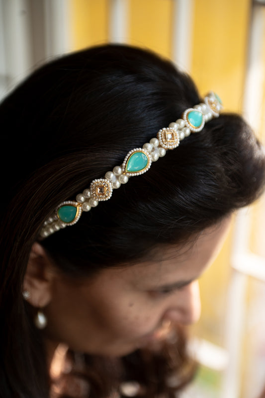 Kundan  hairband  with pearls - Turquoise