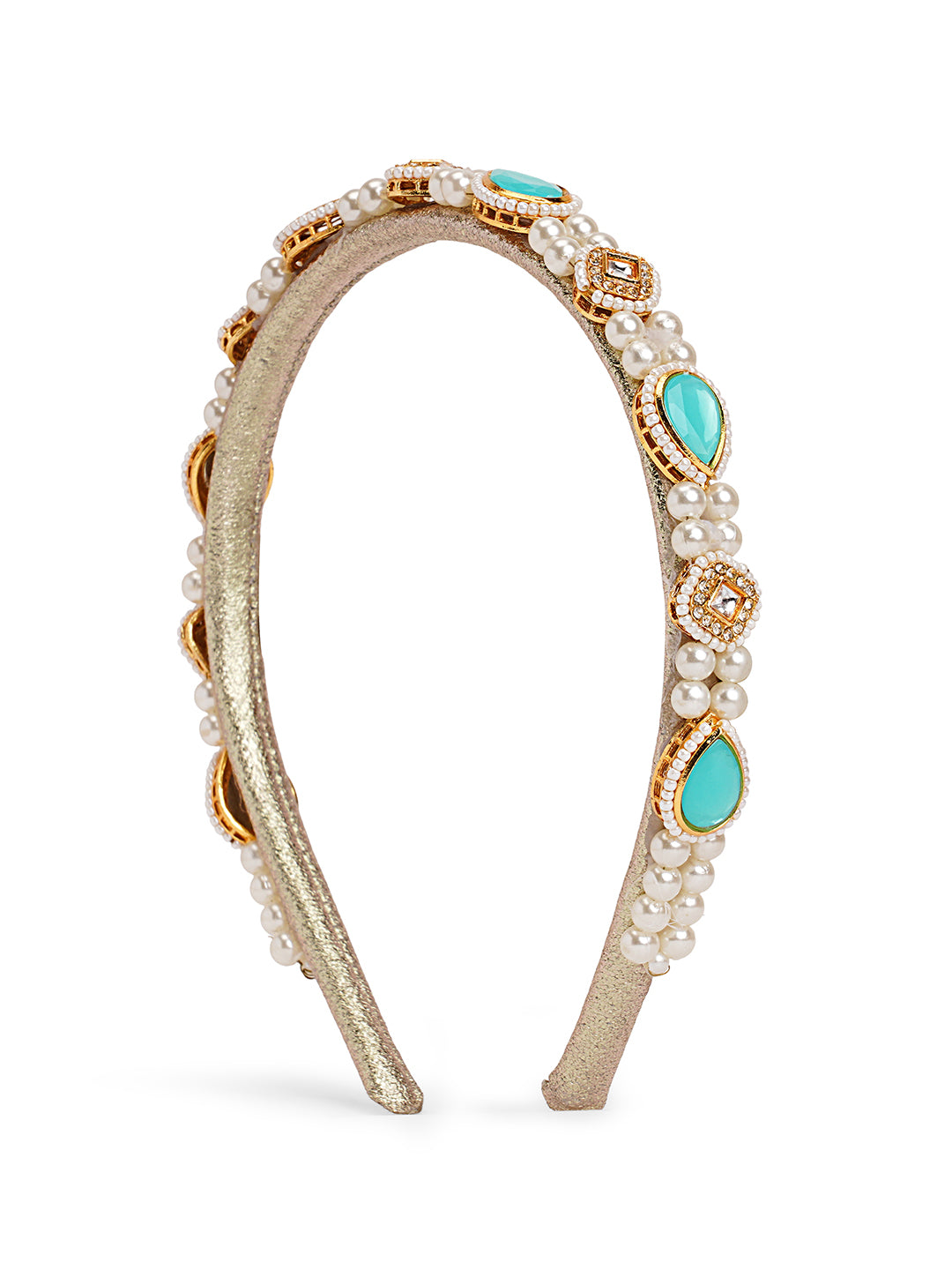 Kundan  hairband  with pearls - Turquoise