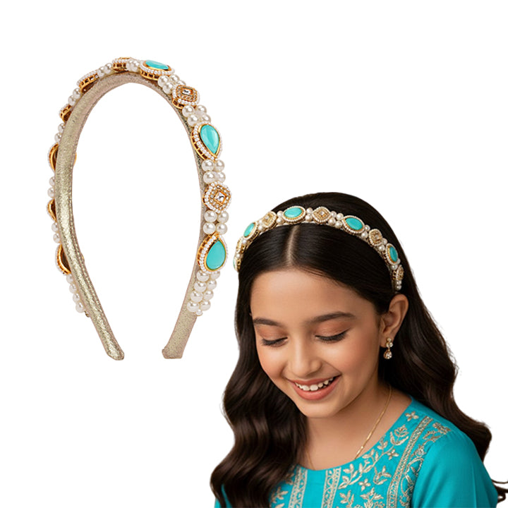 Kundan  hairband  with pearls - Turquoise