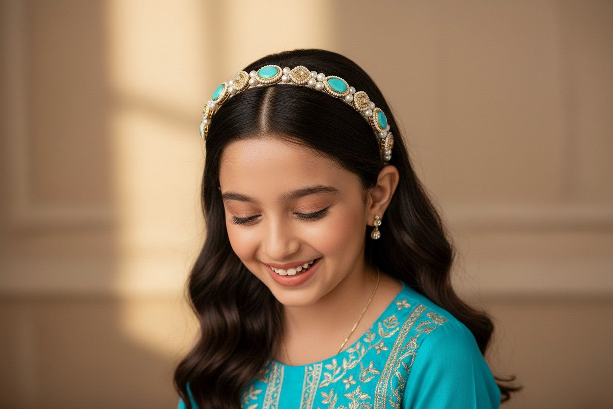 Kundan  hairband  with pearls - Turquoise