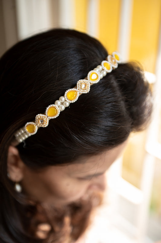 Kundan  hairband  with pearls - Yellow