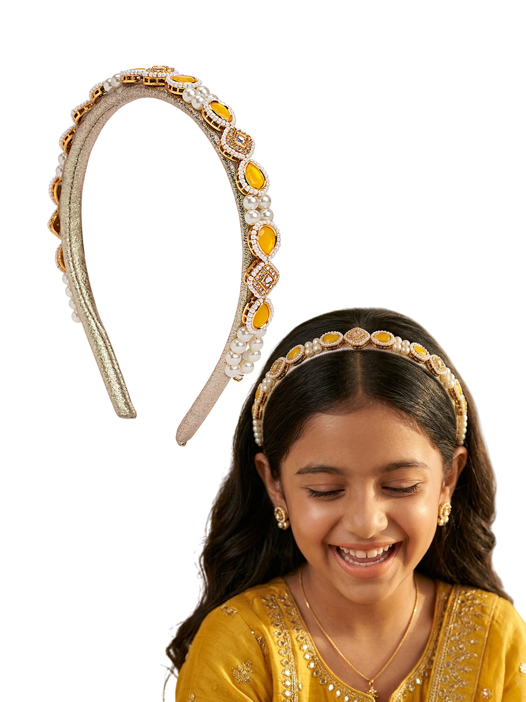 Kundan  hairband  with pearls - Yellow