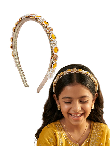 Kundan  hairband  with pearls - Yellow