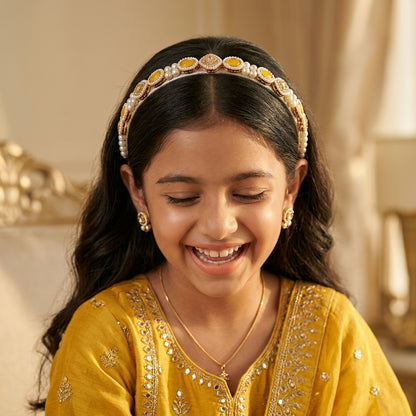 Kundan  hairband  with pearls - Yellow