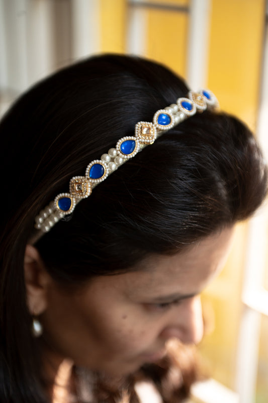 Kundan  hairband  with pearls- Blue