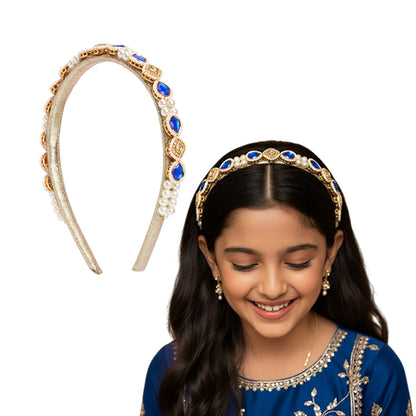 Kundan  hairband  with pearls- Blue
