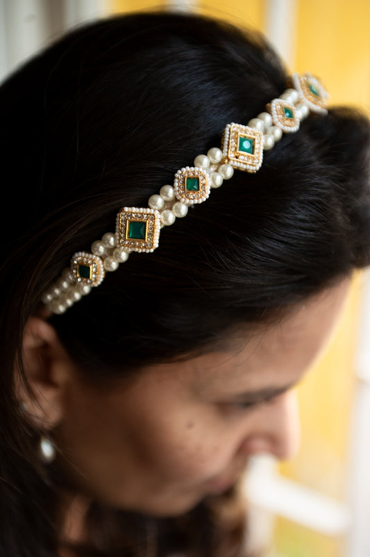 Kundan  hairband  with pearls - Green, Gold