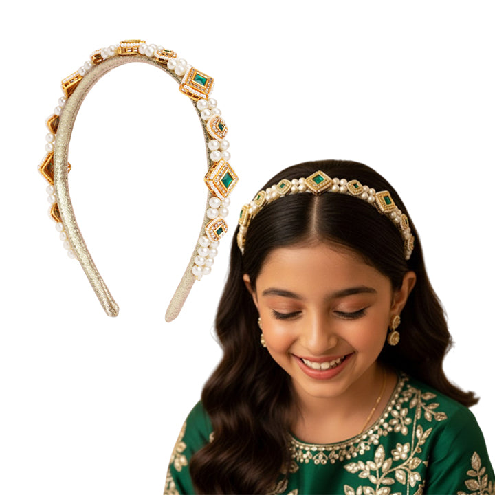 Kundan  hairband  with pearls - Green, Gold