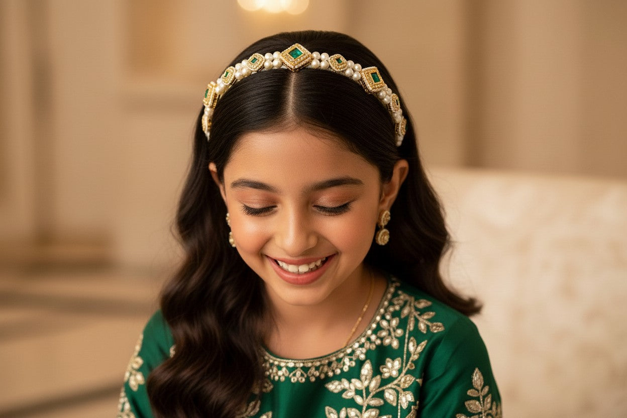 Kundan  hairband  with pearls - Green, Gold