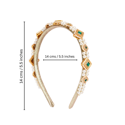 Kundan  hairband  with pearls - Green, Gold