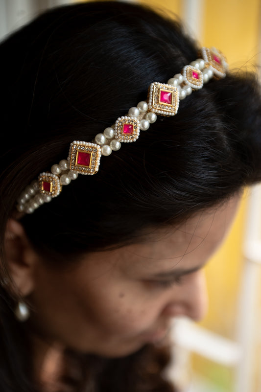 Kundan with pearls hairband - Pink, Gold