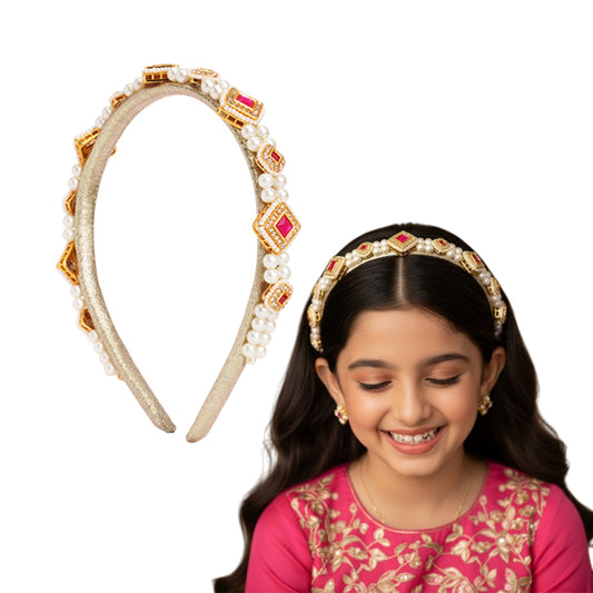Kundan with pearls hairband - Pink, Gold