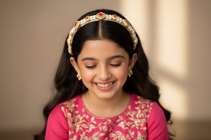 Kundan with pearls hairband - Pink, Gold