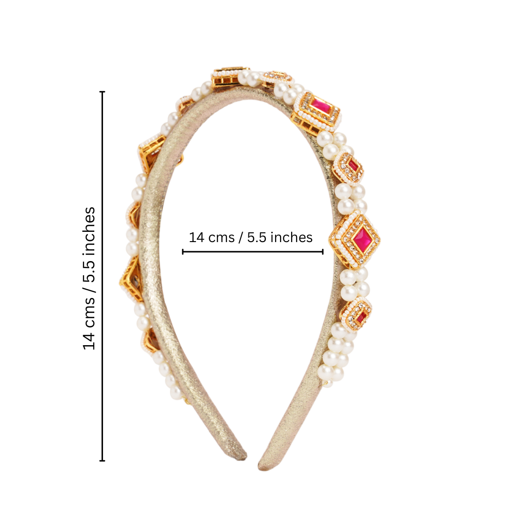 Kundan with pearls hairband - Pink, Gold