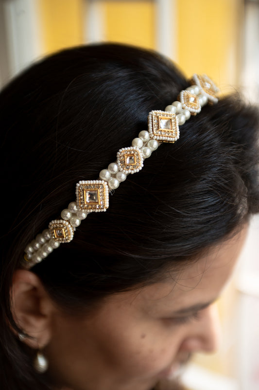 Kundan with pearls Hairband - Golden