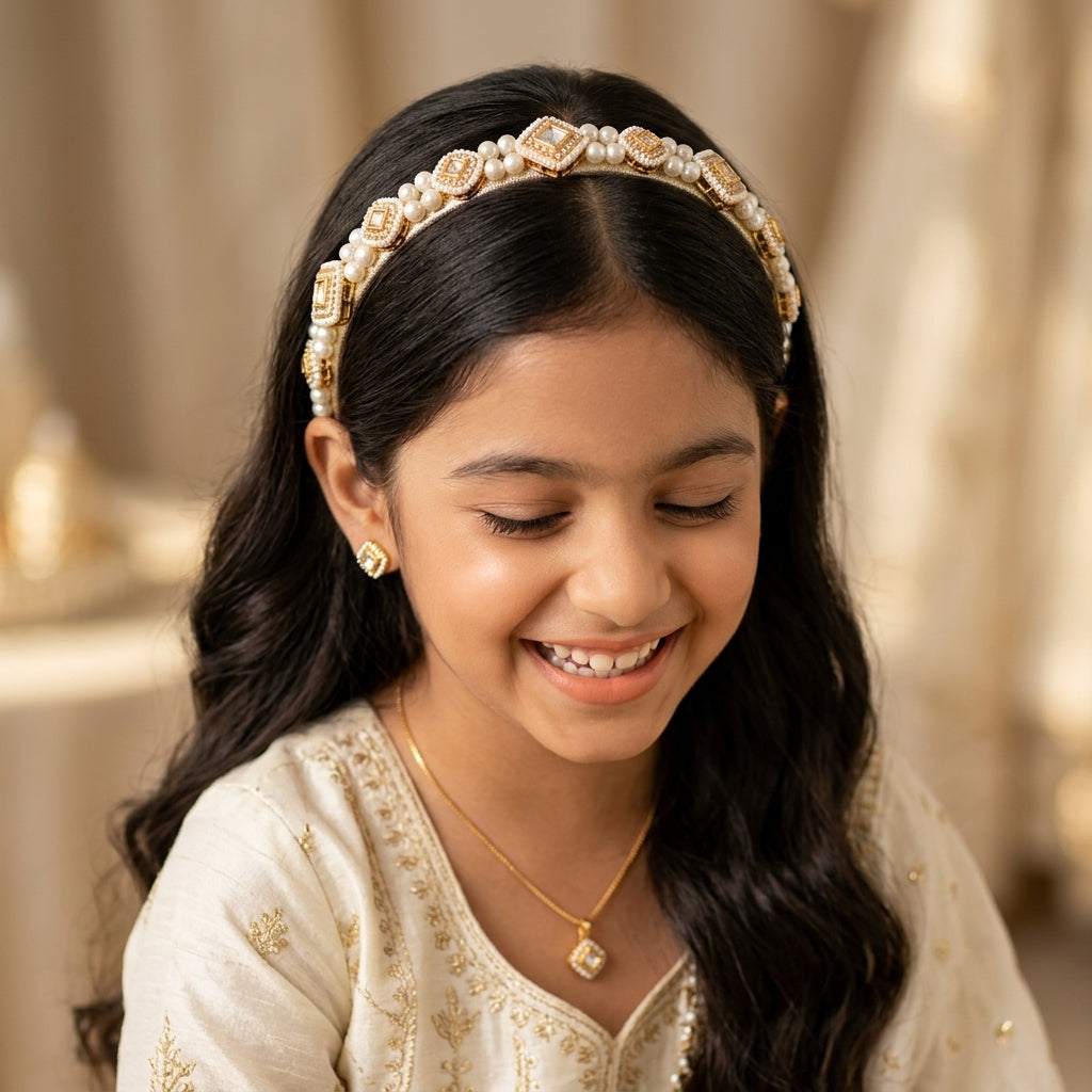 Kundan with pearls Hairband - Golden