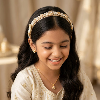 Kundan with pearls Hairband - Golden