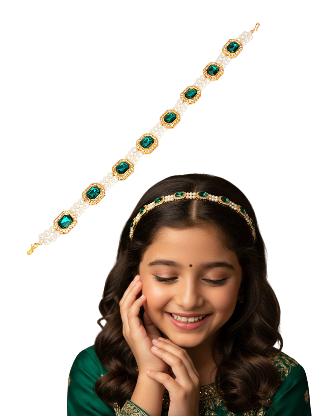 Kundan  head chain with pearls  - Green