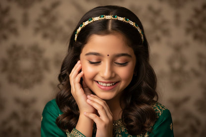 Kundan  head chain with pearls  - Green