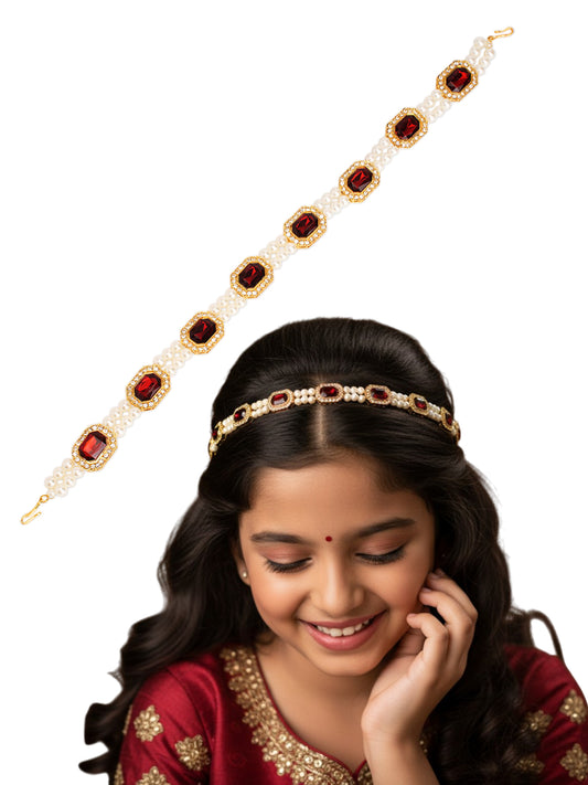 Kundan with pearls head chain - Maroon