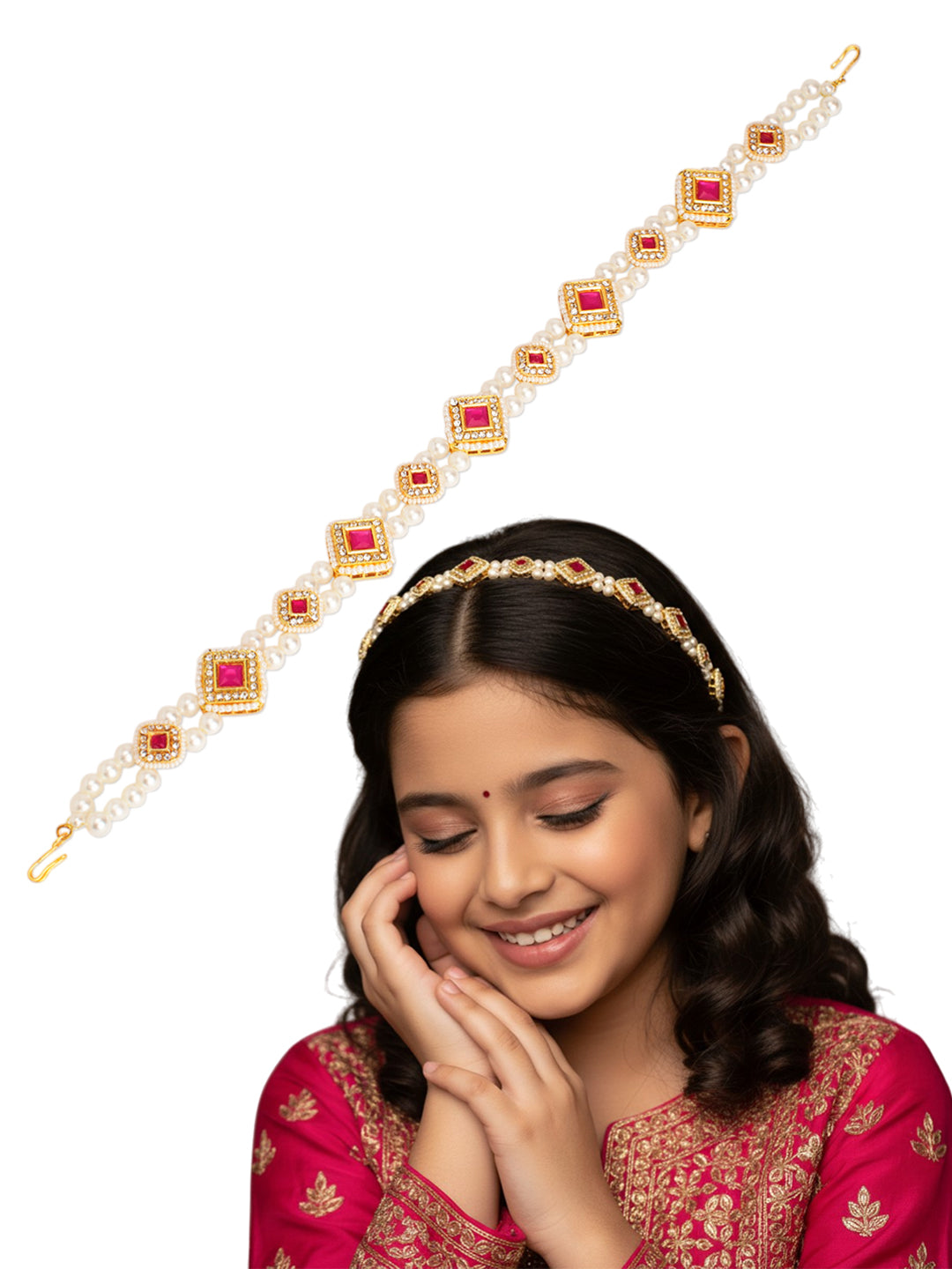 Kundan with pearls head chain - Pink, Gold