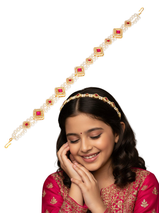 Kundan with pearls head chain - Pink, Gold