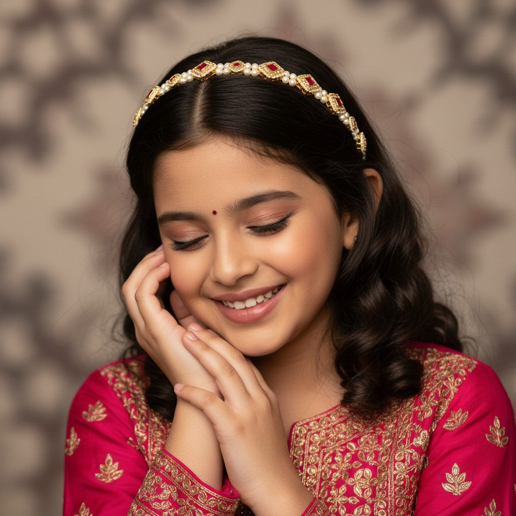 Kundan with pearls head chain - Pink, Gold