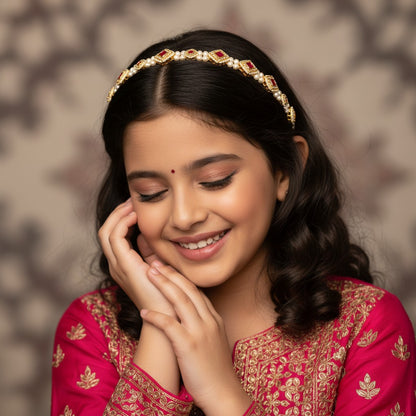 Kundan with pearls head chain - Pink, Gold