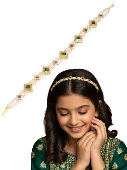 Kundan with pearls head chain - Green, Gold
