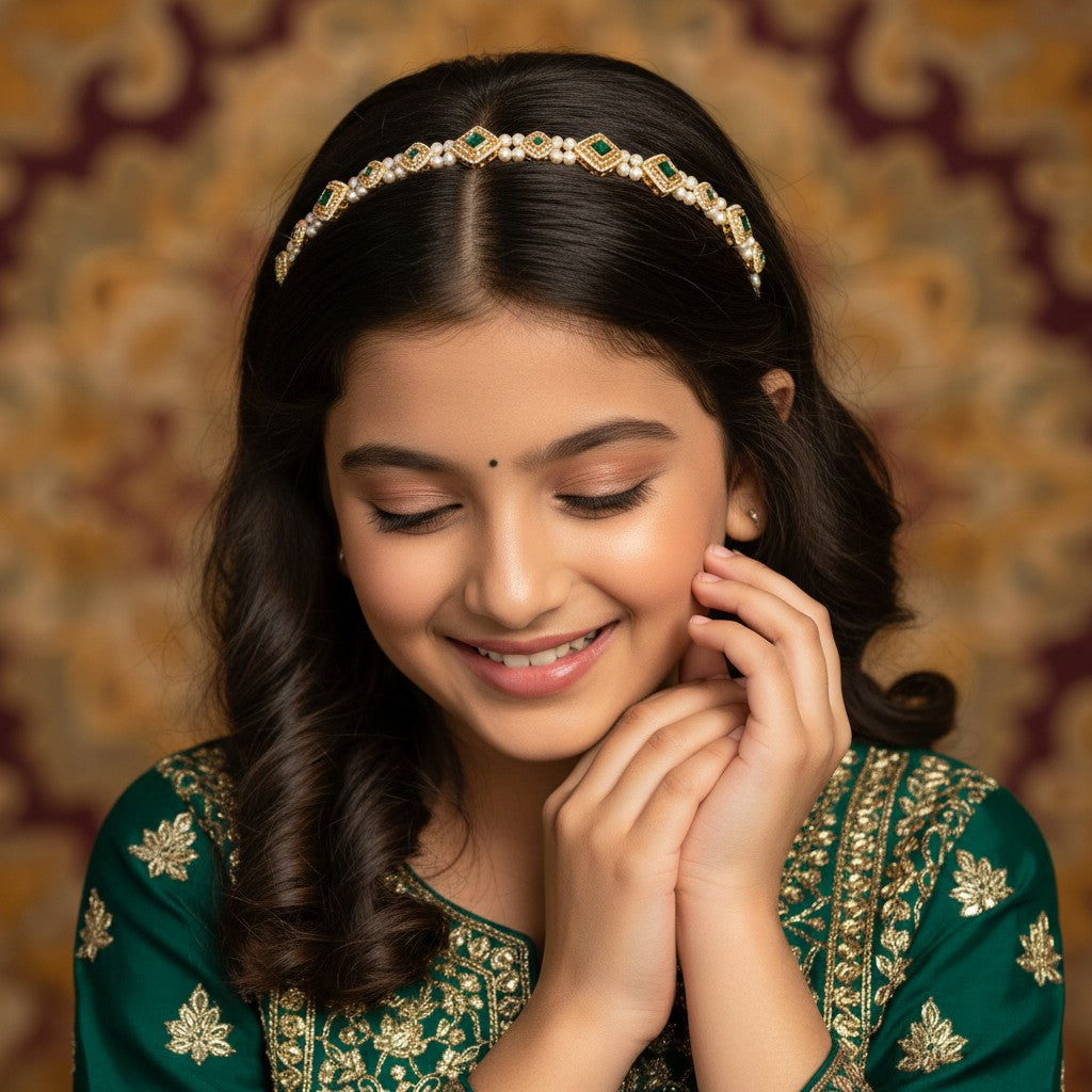 Kundan with pearls head chain - Green, Gold