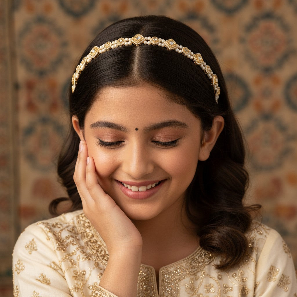 Kundan with pearls head chain - Golden