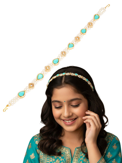Kundan head chain with pearls  - Turquoise