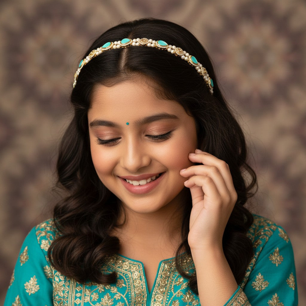 Kundan head chain with pearls  - Turquoise
