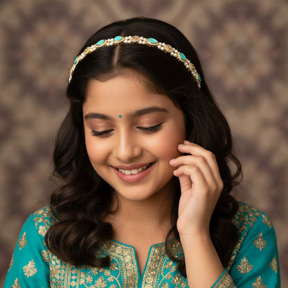 Kundan head chain with pearls  - Turquoise