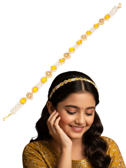 Kundan head chain with pearls - Yellow