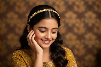Kundan head chain with pearls - Yellow