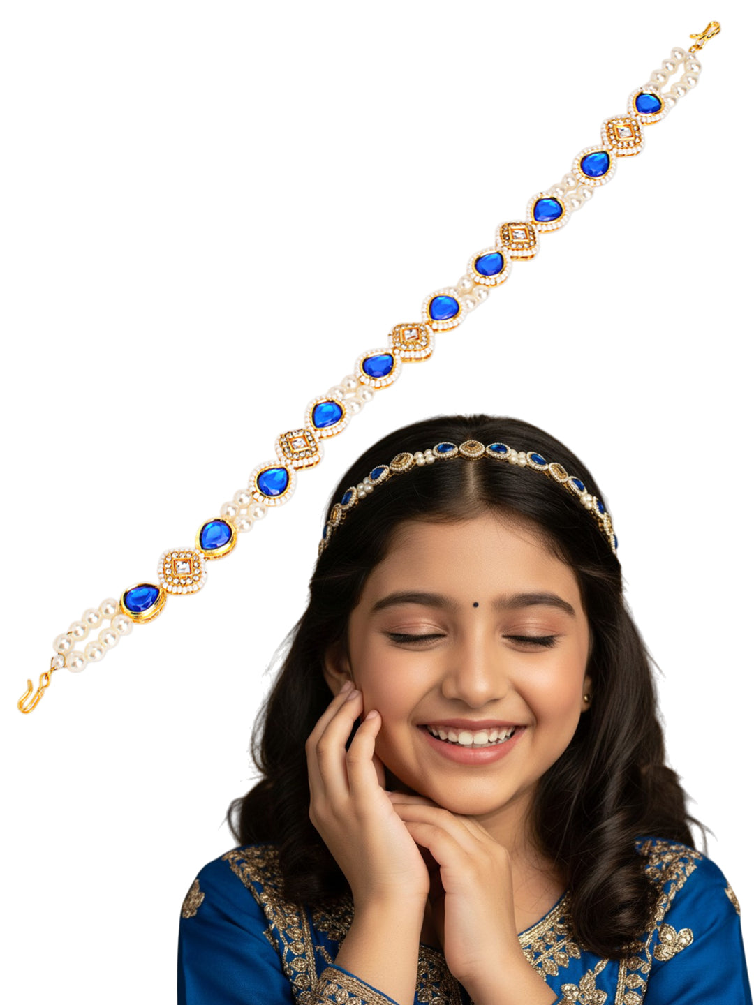 Kundan with pearls head chain - Blue