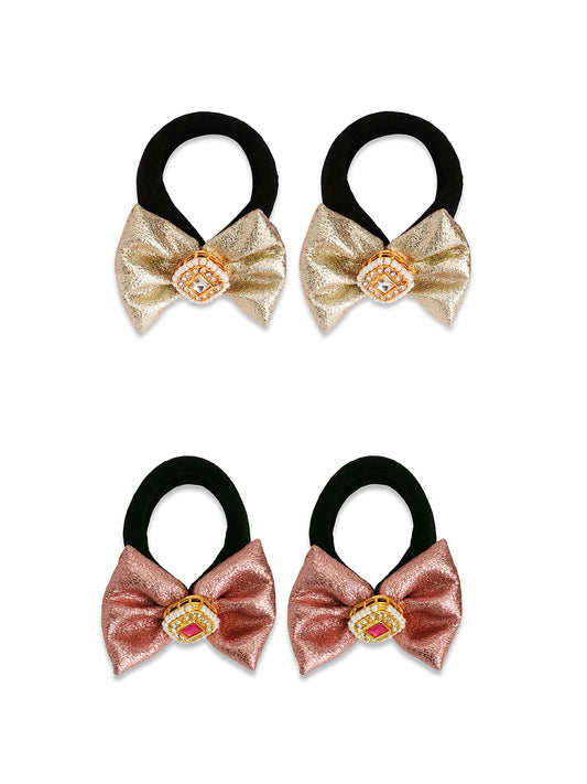Bow with a kundan on rubberbands - Rose pink, Gold