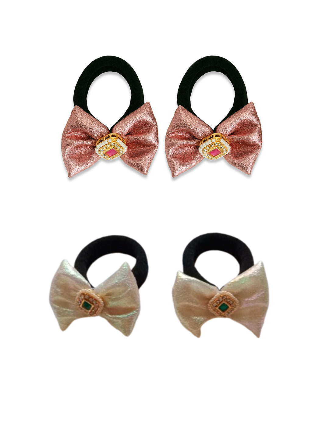 Bow with a kundan on rubberband - White, Rose pink