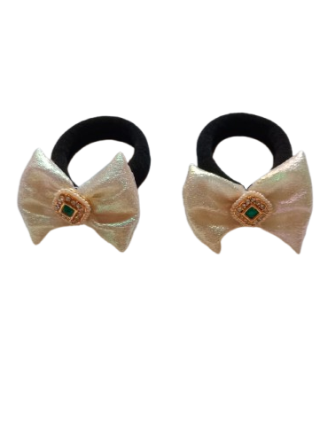 Bow with a kundan on rubberband - White, Rose pink