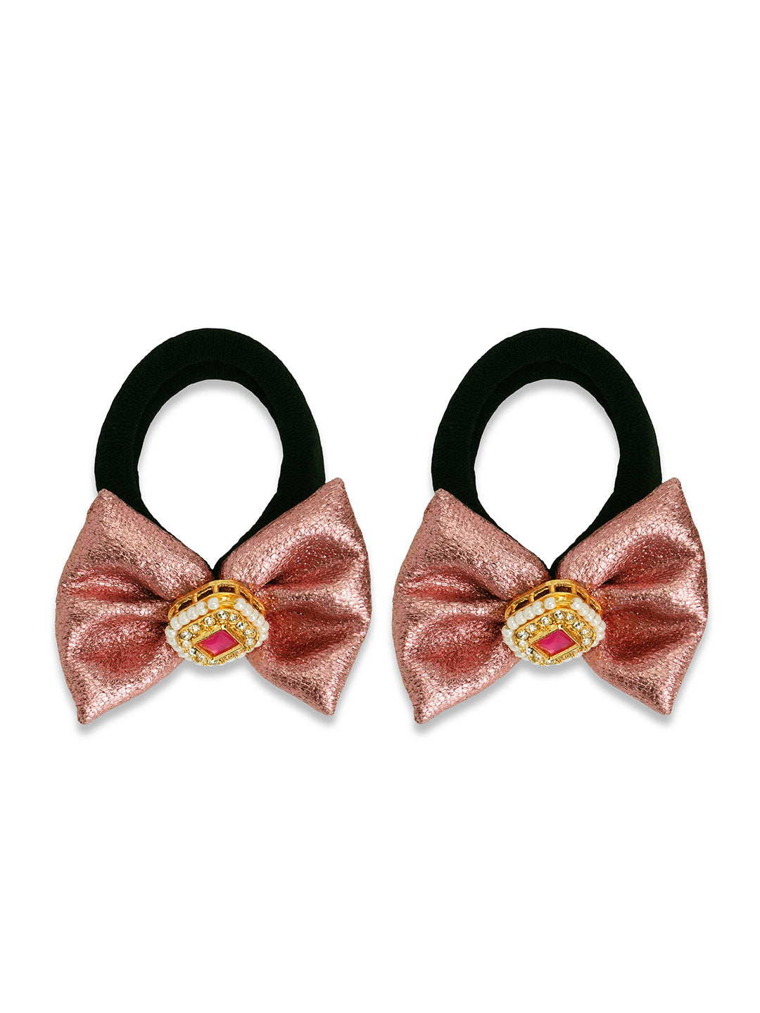 Bow with a kundan on rubberband - White, Rose pink