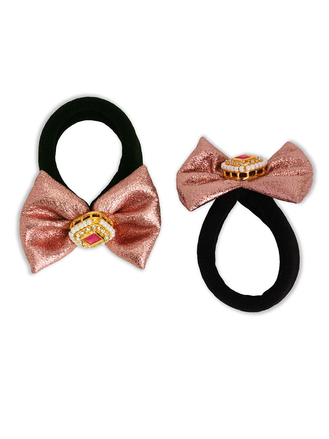 Bow with a kundan on rubberband - White, Rose pink