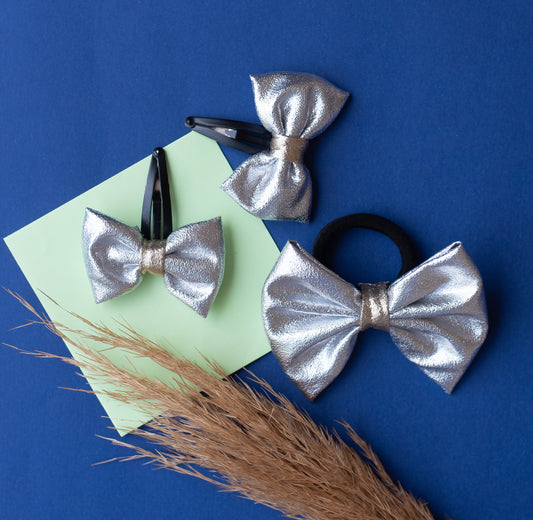 Combo: Cute Tissue Fabric Bow on Tic-Tac Pins and Rubberband (3 nos)- Silver