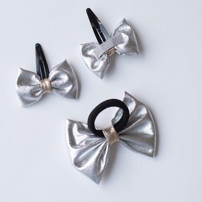 Combo: Cute Tissue Fabric Bow on Tic-Tac Pins and Rubberband (3 nos)- Silver