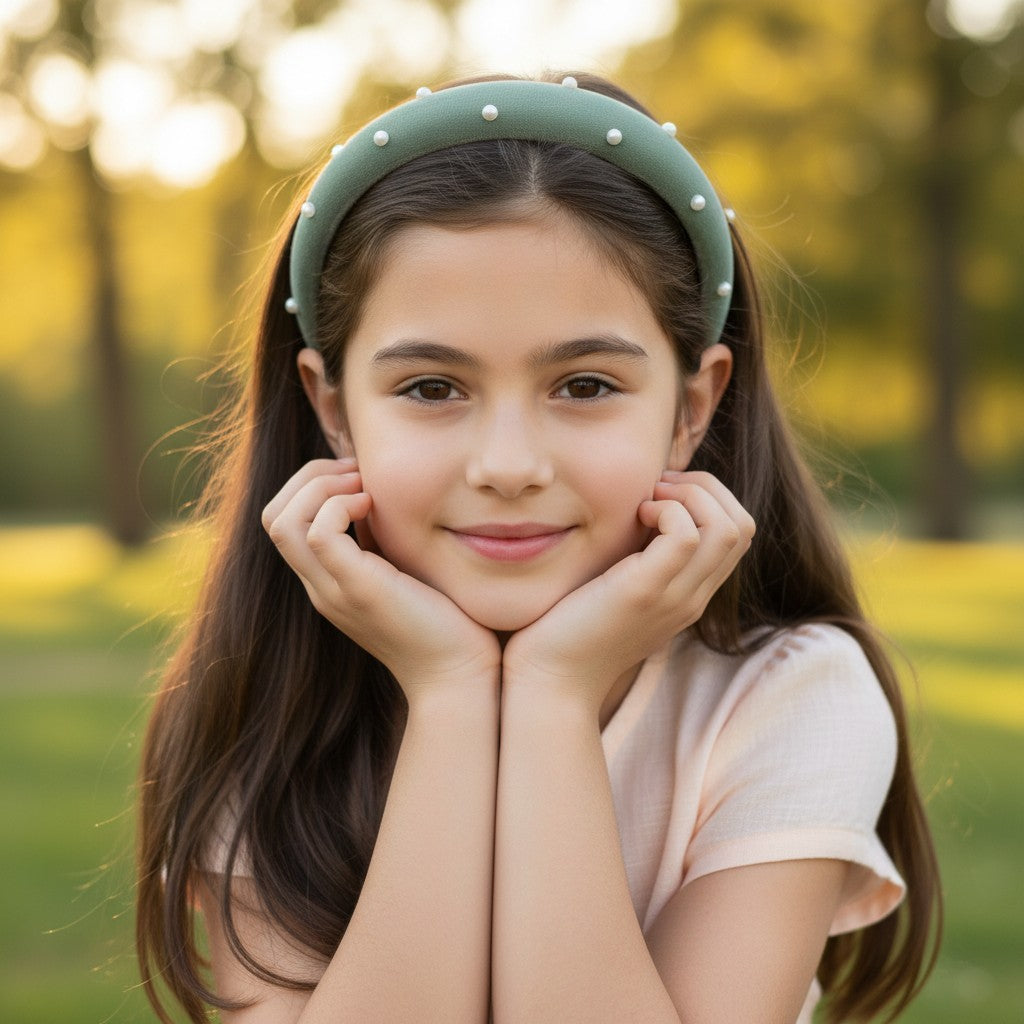 Soft velvet padded party hairband embellished with pearls - Olive Green