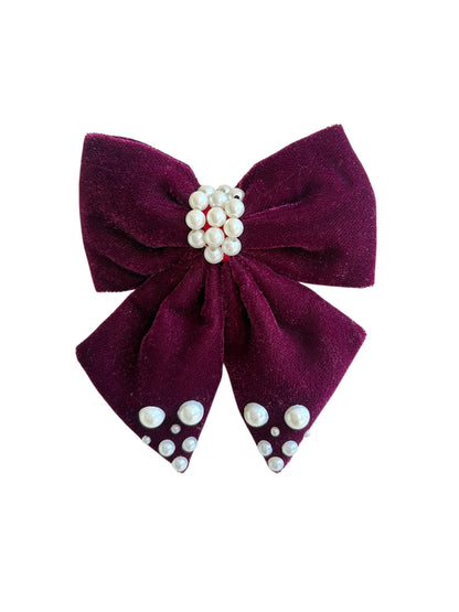 Velvet party bow on alligator clip  embellished with pearls  - Magenta
