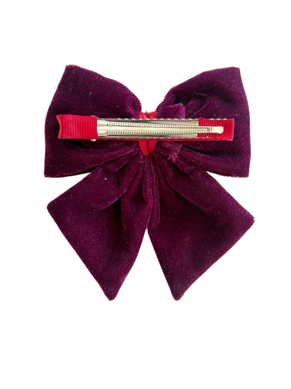Velvet party bow on alligator clip  embellished with pearls  - Magenta