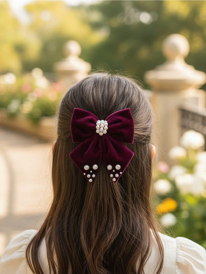 Velvet party bow on alligator clip  embellished with pearls  - Magenta