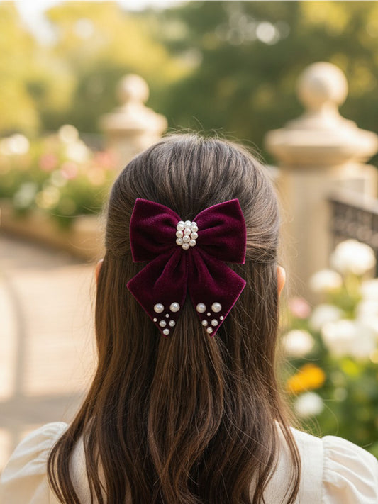 Velvet party bow on alligator clip  embellished with pearls  - Magenta