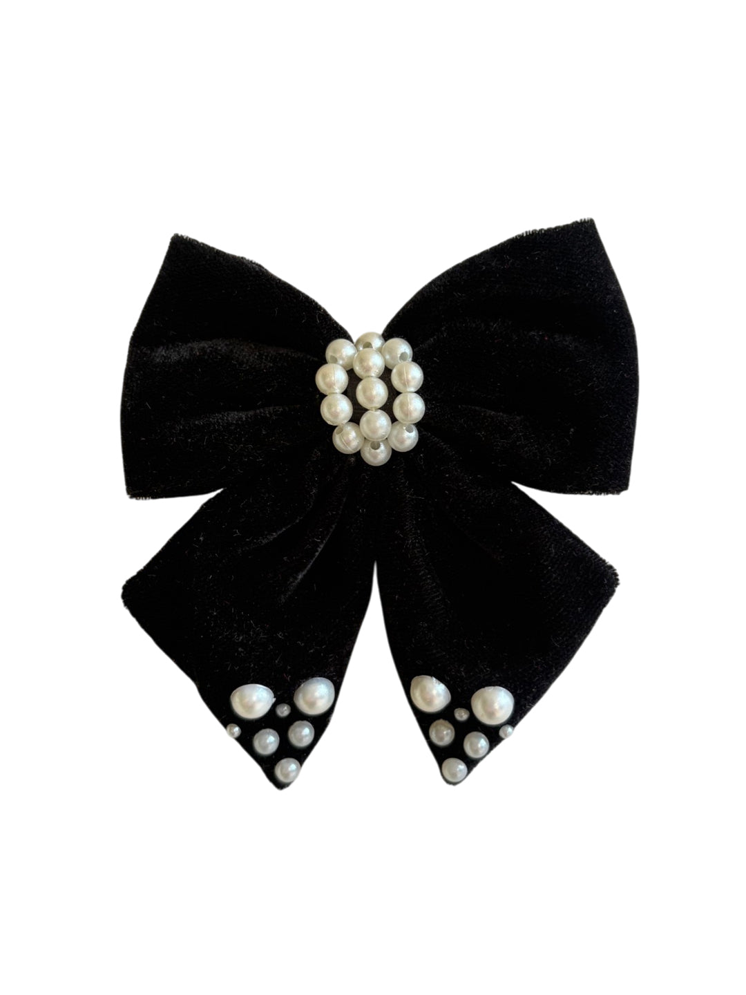 Velvet party bow on alligator clip  embellished with pearls  - Black